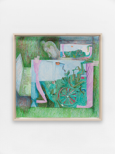 Agnes Scherer, Girl with wheel (working on sth else), 2025, fully light resistant ink on paper and Chinese rice paper imitating tape, 71.6 x 73.5 cm (unframed), 77 x 79 cm (framed), unique - © sans titre