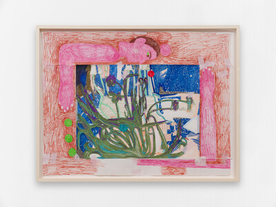 Agnes Scherer, Violets and galaxy, 2025, fully light resistant ink on paper and Chinese rice paper imitating tape, 63.5 x 84 cm (unframed), 69 x 90 cm (framed), unique - © sans titre