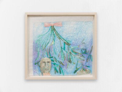 Agnes Scherer, Masks under a mistletoe (diurne with a bow), 2025, fully light resistant ink on Chinese rice paper imitating tape, 38.5 x 42.5 cm (unframed), 44.5 x 48 cm (framed), unique - © sans titre