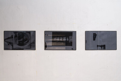 Basile Ghosn, Untitled (torres blancas), Untitled (3) & Untitled (1), « La main gauche de la nuit » series, 2019, printed plan, graphite, found glasses and artist's frames (steel), 106 x 62 cm (each), unique - © sans titre