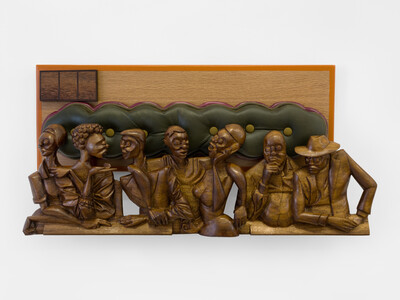 Dada Khanyisa, The House of Truth, 2025, African Walnut, oak, purpleheart, pine, black wenge, palmyra, cow leather, cloth buttons, cotton canvas, 53 x 100 x 22 cm, unique - © sans titre