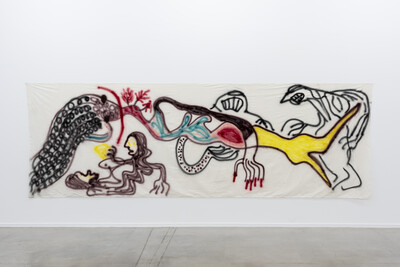 Aysha E Arar, It was just a cup of coffee, 2018, spray paint on fabric, 173 x 523 cm, unique - © sans titre