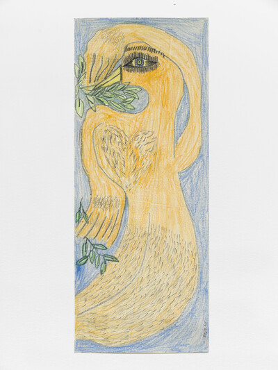 Aysha E Arar, The swan was dancing freely with the olive leaves, calling my homeland, calling Palestine, 2025, pastel and charcoal on canvas, 127.5 x 51 cm, unique - © sans titre
