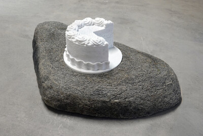 Hamish Pearch, 1 1/2 cups all-purpose flour; 12 cups of truth; 2 handfuls of carbs and fats; 5 people you love; 1 square of European mantle; 1 cup of sweetener; 2 cans of ever tried; 2 cloves of days and days, 2025, hand carved marble, river stone, 30 x 80 x 50 cm, unique - © sans titre