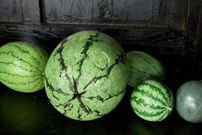 Wei Libo, Pure goodness (watermelon) v.01 (detail), 2024, watermelons in wood, acrylic paint, found furniture, 200 x 100 x 60 cm, unique - © sans titre