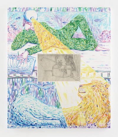 Agnes Scherer & Paul DD Smith, Der Umweg ist die Abkürzung / Bunking Together, 2021, pencil on paper, painted silk stretched on wooden frame, glass, 148 x 127 x 4.5 cm, unique - © sans titre