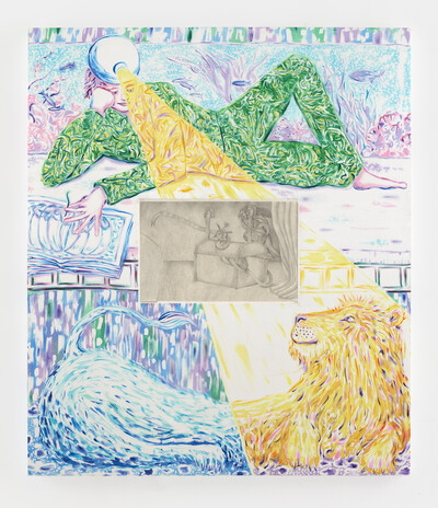 Agnes Scherer & Paul DD Smith, Der Umweg ist die Abkürzung / Bunking Together, 2021, pencil on paper, painted silk stretched on wooden frame, glass, 148 x 127 x 4.5 cm, unique - © sans titre