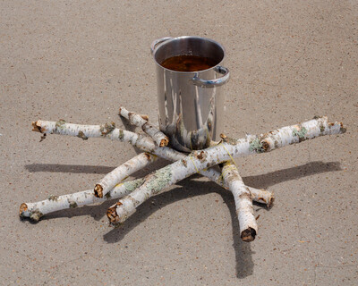 Sequoia Scavullo, Rite Aid, 2024, birch wood, string, resin, stones, pince cone, aluminum pot, unique - © sans titre