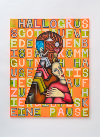 Tanja Nis-Hansen, Hallogrüssgottaufwiedersehenbisbaldkommgutnachhausejetzt-isteszeitaufzustehenhiergibteskeinepause, 2020, oil and acrylic on canvas, 100 x 80 cm, unique - © sans titre