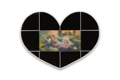 Jacent, Cœur (Belle-Île-en-Mer), 2023, oil on canvas mounted on wood, earthenware tiles, seal, painted artist frame in oak wood, 44 x 58 cm, unique - © sans titre