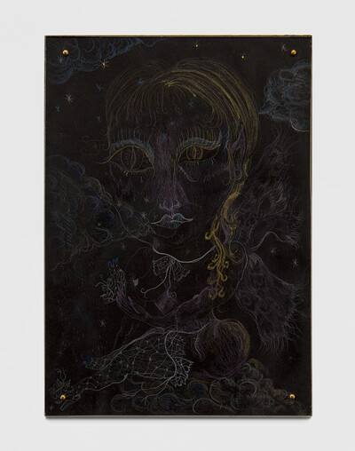 Lucile Littot, Two Hours Away, 2025, coloured pencil and gold ink on black paper, 21 x 14.8 cm, unique - © sans titre