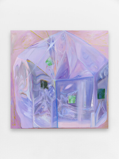 Sequoia Scavullo, If only I could sit tight inside the eagles claws, 2025, oil on canvas, printed cotton, printed holographic paper, unique - © sans titre