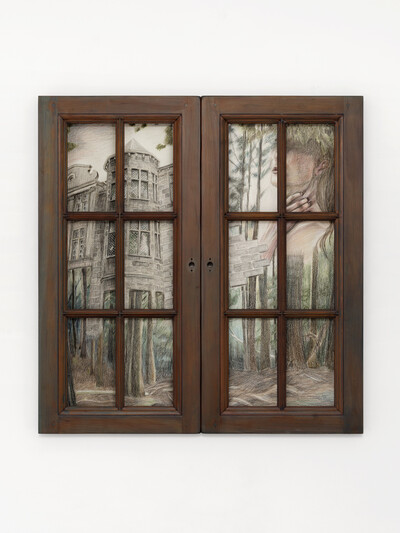 Liselor Perez, Sous la pile de linge, 2026, colored pencil on paper, bookcase door, wood, 94.4 x 90.4 x 4.2 cm, unique - © sans titre
