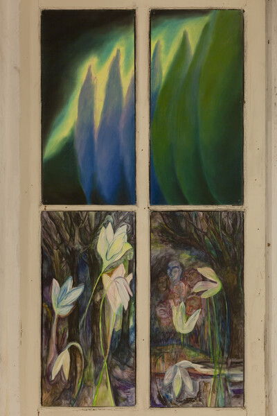 Jacent, Cyprès, 2022, soft pastel on paper 38 x 80 cm (each part), unique & Fleurs de nuit, 2022, watercolor on paper, 38 x 80 cm (each part), unique - © sans titre