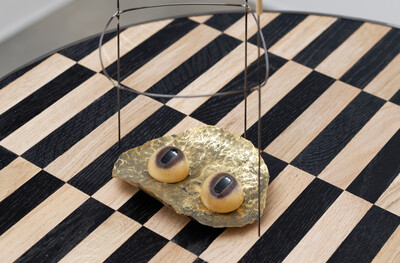 Martin Belou, Jumelles (detail), 2020, steel, brass, canisses, crocodile eyes, various dimensions, unique - © sans titre