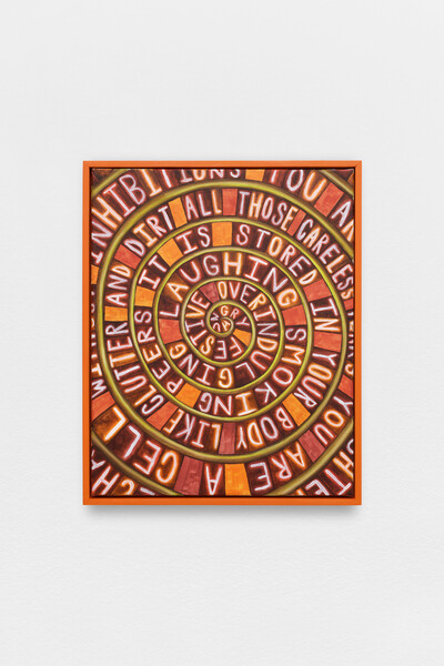 Tanja Nis-Hansen, Hungryfestiveoverindulginglaughingsmokingpeersitisstoredinyourbodylikeclutteranddirtallthosecarelessyears, 2022, acrylic and oil on canvas with wooden frame, 50 x 40 cm, unique - © sans titre