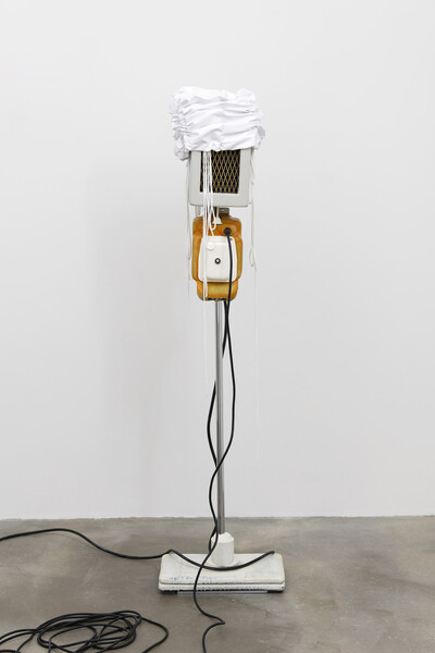 Erwan Sene, NL3 mobile-speak, 2022, wood, stainless steel, polyurethane resin, aluminum, vinyl fabric, electric cable, speaker, paint, 149 x 38 x 23 cm, unique - © sans titre